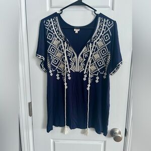 Keep In Touch Navy Blue & White Embroidered V-Neck Tunic Top